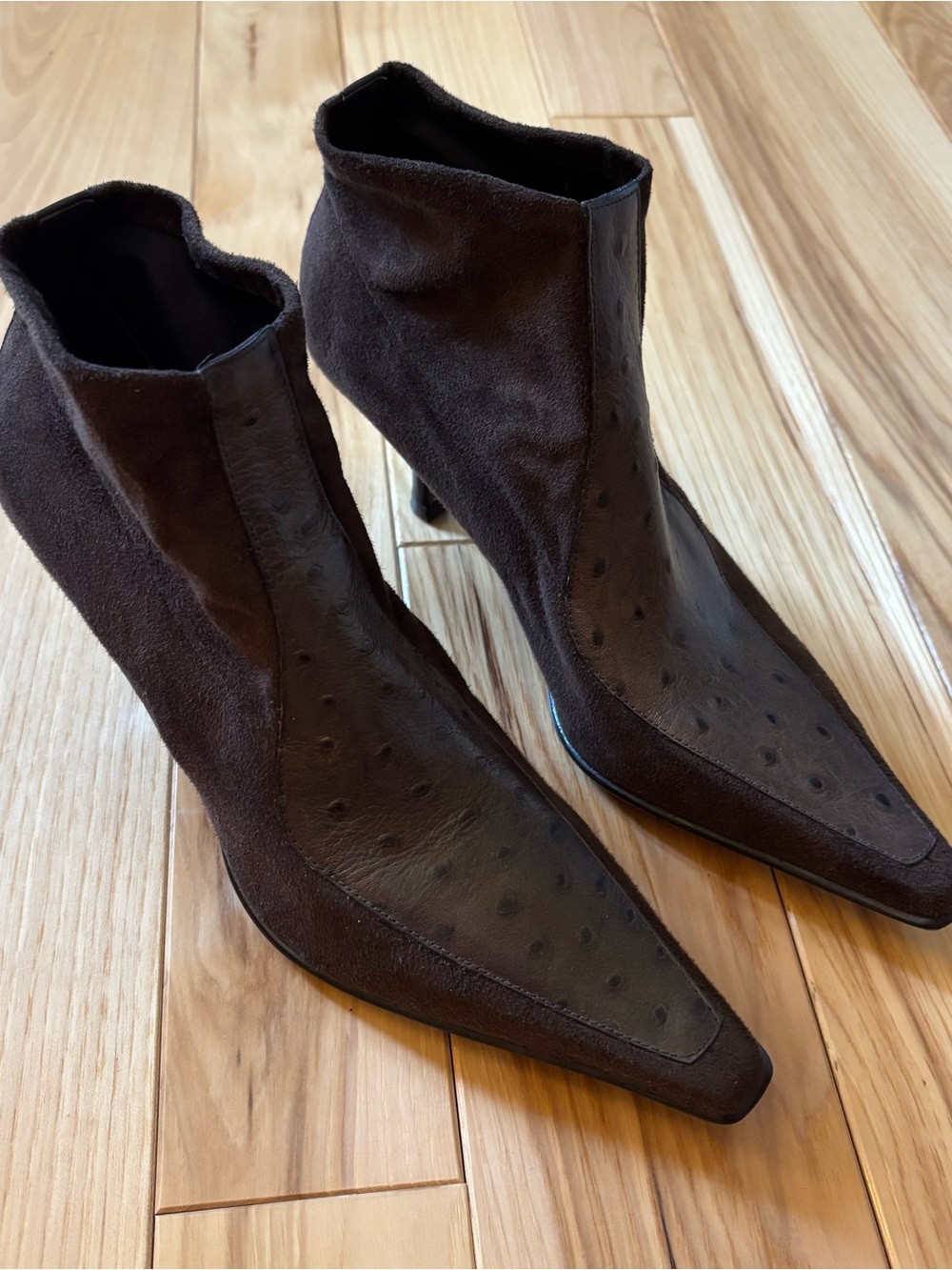 Donald J Pliner Brown Pointed Toe Ostrich Leather Accent Ankle Boots